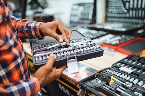 Preview: African american male buyer chooses a toolbox in a hardware store. A large selection of tools