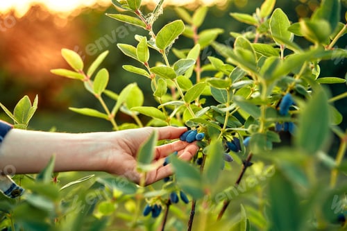 Preview: Harvesting Fresh Blueberries at Sunset in a Vibrant Green Garden with a Botanical Setting