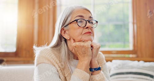 Preview: Breathe, calm and senior woman on sofa in the living room for peaceful meditation exercise. Relax,