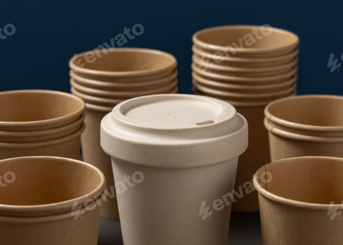 Preview: New beige kraft paper cups and reusable bamboo coffee cup on a gray and blue closeup, mockup