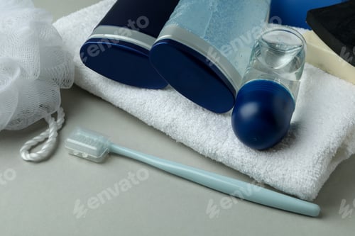 Preview: Concept of men's hygiene tools on light gray background