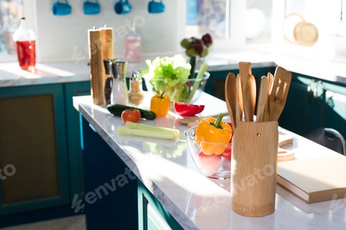 Preview: close-up view of wooden utensils, fresh vegetables and spices on kitchen table