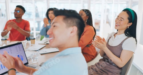 Preview: Applause, audience and business people in a meeting or presentation for finance growth, profit and