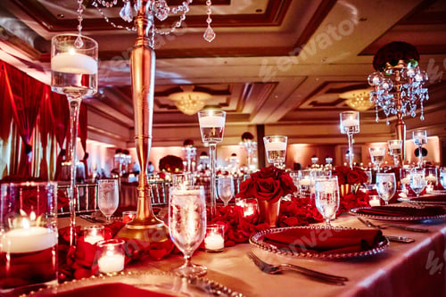 Preview: Luxury reception dinner table setting. Red roses, candlelight decoration. Romantic atmosphere.