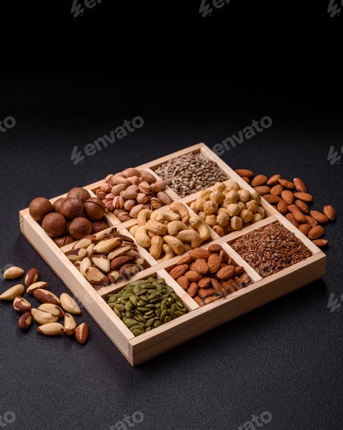 Preview: A mix of cashews, pistachios, almonds, macadamia and hazelnuts. Nuts as a food background