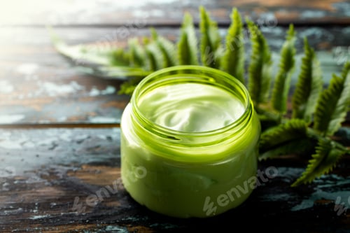 Preview: Cosmetic cream in container with green leaf