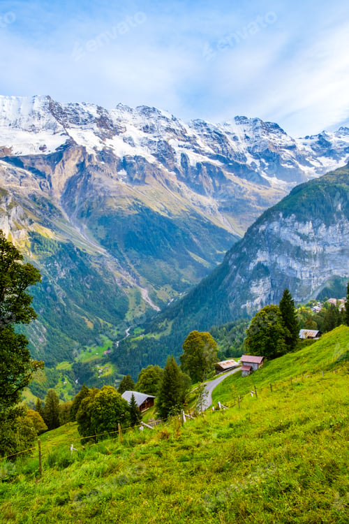 Preview: Mountain landscape of Lauterbrunnen valley, Switzerland.