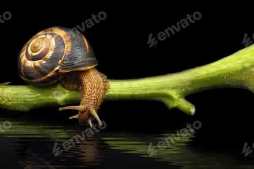 Preview: Snail on plant stem drinking water on black background