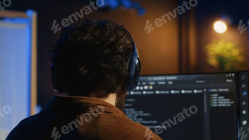 Preview: Technician listening music while using coding to fortify firewalls
