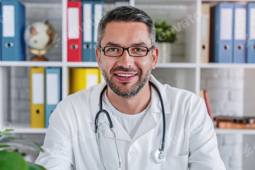 Preview: Portrait of mature doctor sitting in medical office