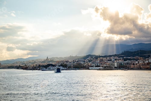 Preview: Beautiful view of cityscape and harbor of Messina from ferry in Sicily, Italy