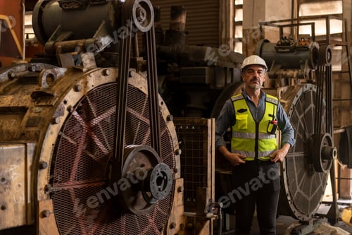 Preview: Worker at machine in factory, Metal industry worker at factory.