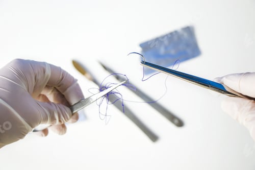 Preview: Closeup shot of a doctor holding a surgical needle and thread on a white background