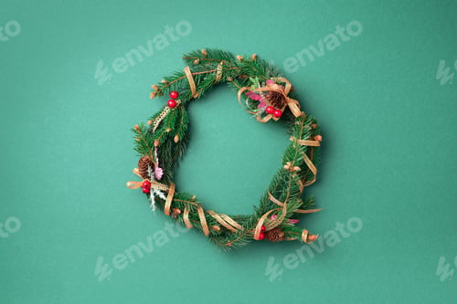 Preview: Handmade Christmas wreath on red background. Top view. Advent wreath. New year composition. Top view