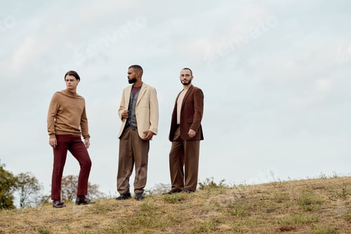 Preview: Handsome male models showcase stylish autumn fashion in a serene natural field setting