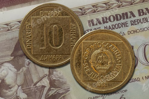 Preview: Republic of Yugoslavia Dinar coins on a paper bill