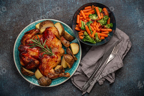 Preview: Roasted chicken with vegetables top view