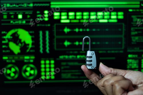 Preview: Cyber Security concept - hand with a padlock on the hacker screen background