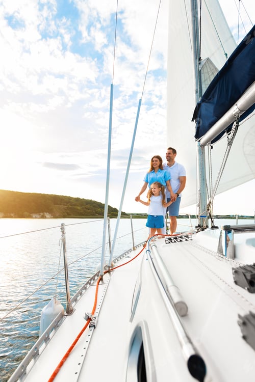 Preview: Family Sailing Relaxing During Yacht Ride Standing On Deck, Vertical