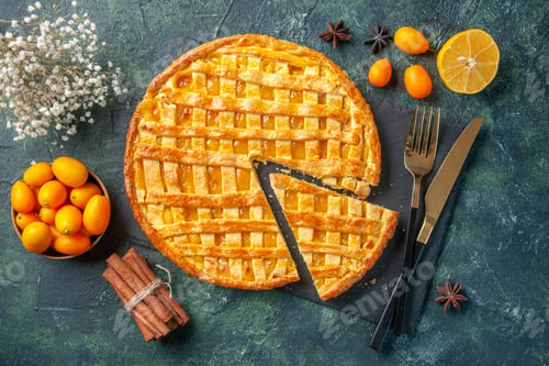 Preview: top view delicious kumquat pie with sliced one piece on dark background dessert sweet bake cookie