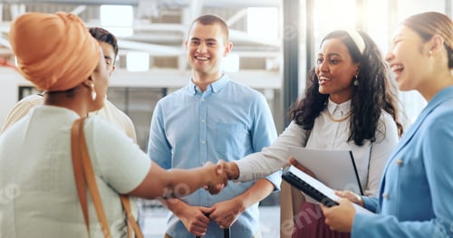 Preview: Diversity, team and handshake for partnership, business and collaboration in modern office. Teamwor
