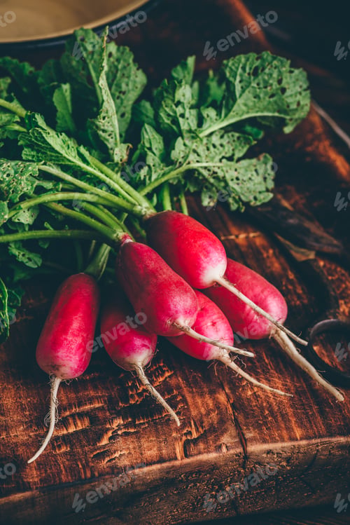 Preview: Fresh Radishes with Green Leaves on Wooden Board