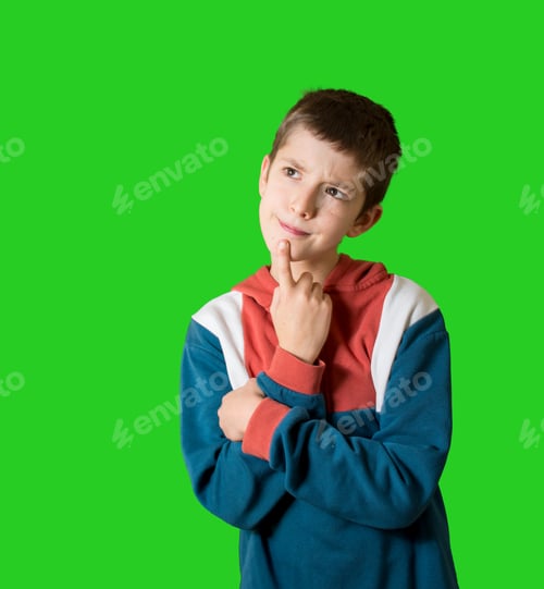 Preview: Photo of smart clever minded small boy wearing coloured sweatshirt look empty space isolated