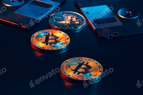 Preview: golden bitcoin on floppy disk. Close up