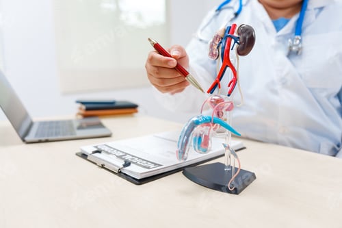 Preview: A doctor with suspected prostate cancer using a male reproductive system model