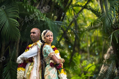 Preview: December 8, 2019.Mauritius.The bride and groom in national Mauritian outfits