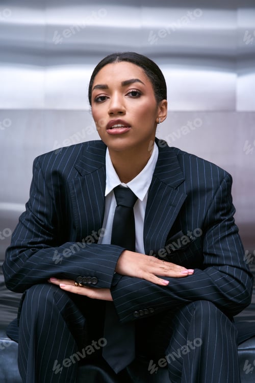 Preview: Young elegant woman in trendy suit sitting confidently in modern urban setting