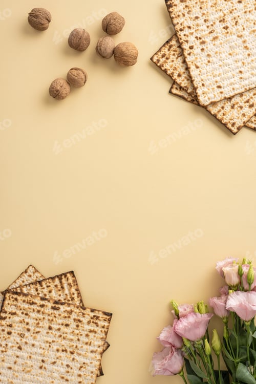 Preview: Decorative vertical Passover arrangement featuring matzah bread, scattered walnuts