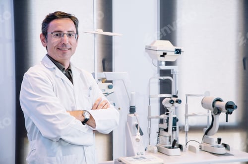 Preview: Portrait of handsome eye doctor sitting with ophthalmologic device in the cabinet