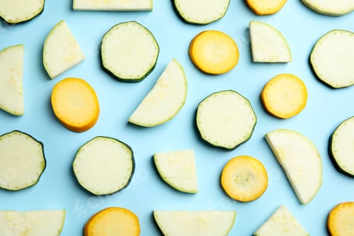 Preview: Fresh ripe cut zucchinis on light blue background, flat lay