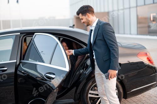 Preview: Businessman helps a woman to get out of a car