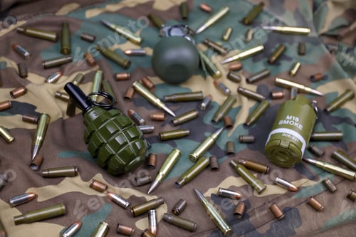 Preview: Different types of ammunition on a camouflage background. Preparing for war