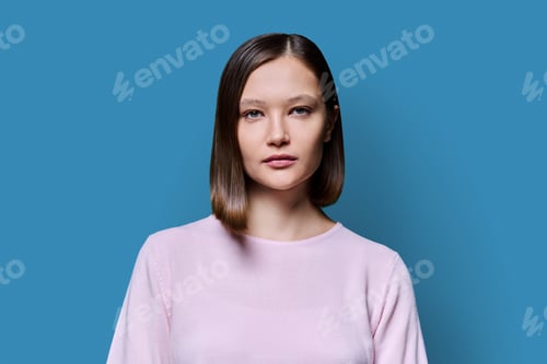 Preview: Headshot portrait of young serious woman on blue background