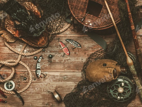 Preview: Fishing tools and pike's head on a wooden table