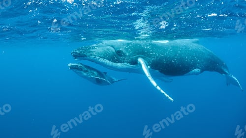 Preview: Underwater shot of humpback whales swimming in the Pacific Ocean