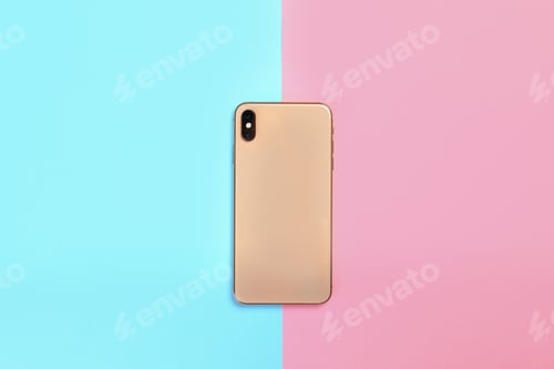 Preview: Modern smartphone on colorful background, top view