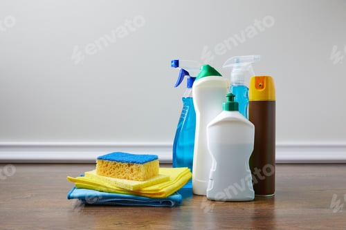Preview: domestic supplies for spring cleaning on floor