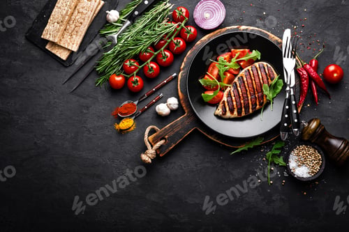 Preview: Grilled chicken fillet on black background. Top view