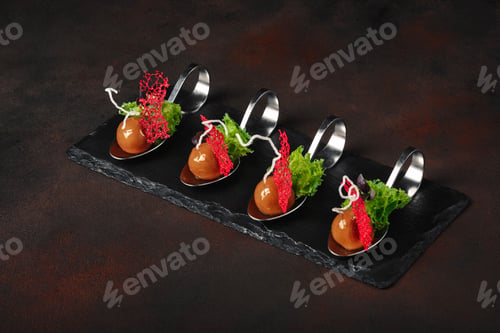 Preview: Molecular modern cuisine galantine duck in spoons on stone and rusty background