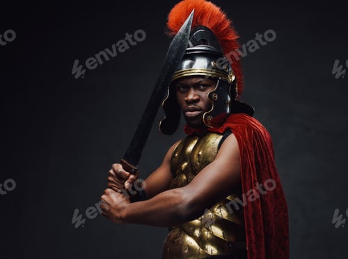 Preview: Black roman soldier poses against dark background