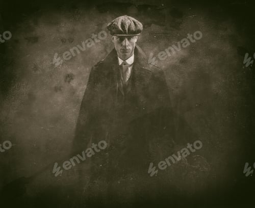 Preview: Antique Wet Plate Photo Of Threatening 1920S English Gangster Holding Gun In Smoky Room.