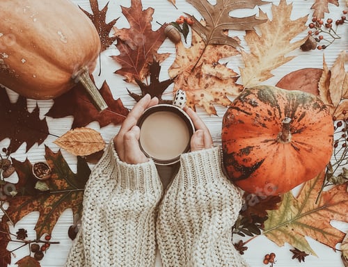 Preview: Hand holding warm coffee and pumpkins and colorful leaves top view