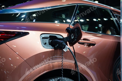 Preview: Electric car charger plug recharging the grey vehicle.