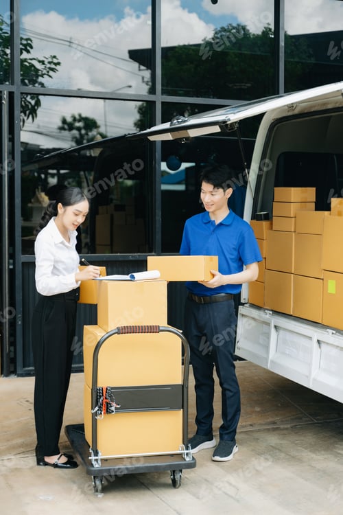 Preview: Express Delivery Service. Asian Courier Delivering Package to man Delivery service near van outside