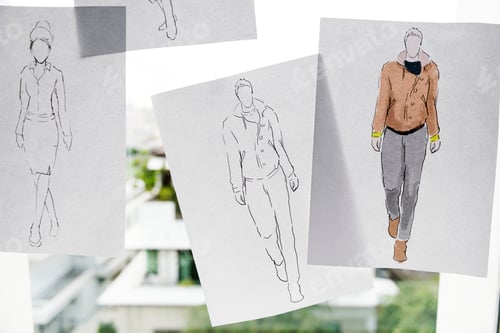 Preview: Closeup of fashion sketch design papers on window glass