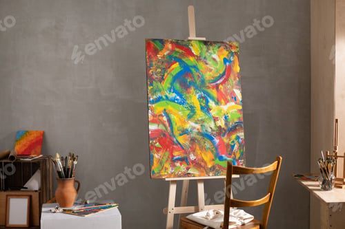 Preview: Paint brush and oil painting. Art still life and paintbrush painting in artist creative studio